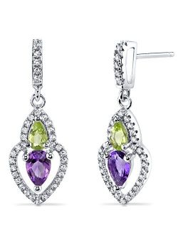 Amethyst and Peridot Dangle Earrings in Sterling Silver, Teardrop Halo, Pear Shape, 1 Carat Total, Friction Backs