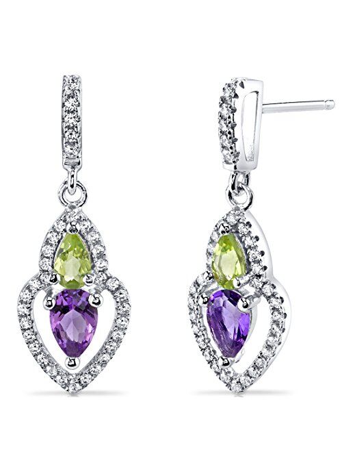 Peora Amethyst and Peridot Dangle Earrings in Sterling Silver, Teardrop Halo, Pear Shape, 1 Carat Total, Friction Backs