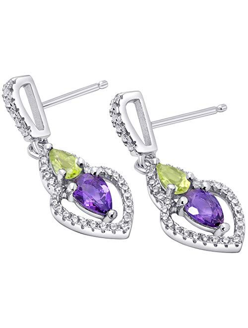 Peora Amethyst and Peridot Dangle Earrings in Sterling Silver, Teardrop Halo, Pear Shape, 1 Carat Total, Friction Backs