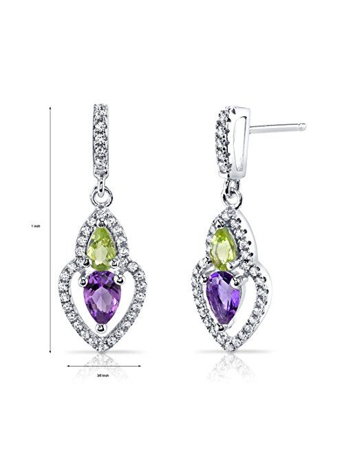 Peora Amethyst and Peridot Dangle Earrings in Sterling Silver, Teardrop Halo, Pear Shape, 1 Carat Total, Friction Backs