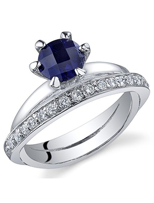 Peora Created Blue Sapphire Ring in Sterling Silver, Interlocking Illusion Design, Round Shape Solitaire, 6mm, 1.25 Carats, Comfort Fit, Sizes 5 to 9