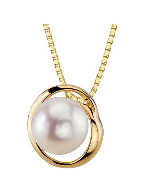 Peora Freshwater Cultured White Pearl Pendant in 14K Yellow Gold, Round Button Shape, 9mm Swirl Slider Solitaire