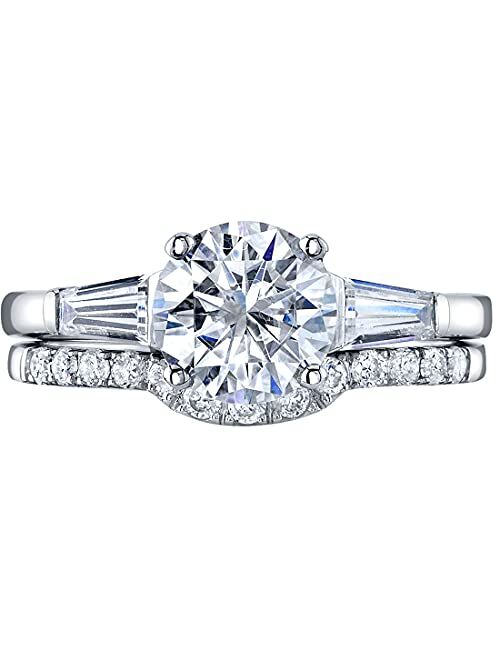 Peora Moissanite Keepsake Solitaire Engagement Ring and Wedding Band Bridal Set in Sterling Silver, 1.50 Carat Center, DE Color, VVS Clarity, Sizes 4 to 10