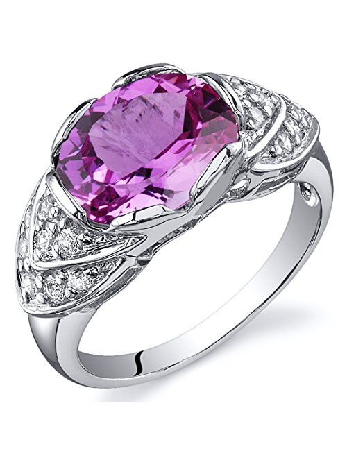 Peora Created Pink Sapphire Ring for Women in Sterling Silver, Vintage Scallop Design, Oval Shape 3.50 Carats, Comfort Fit, Sizes 5 to 9