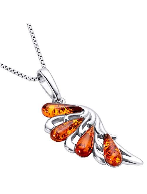 Peora Genuine Baltic Amber Angel Wing Pendant Necklace for Women 925 Sterling Silver, Rich Cognac Color, with 18 inch Chain