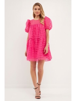 Women's Gridded Puff Sleeve Dress