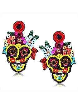 Boderier Halloween Beaded Earrings Handmade Colorful Sequin Beaded Sugar Skull Drop Dangle Earrings Halloween Costume Party Jewelry