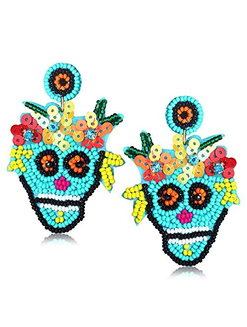 Boderier Halloween Beaded Earrings Handmade Colorful Sequin Beaded Sugar Skull Drop Dangle Earrings Halloween Costume Party Jewelry