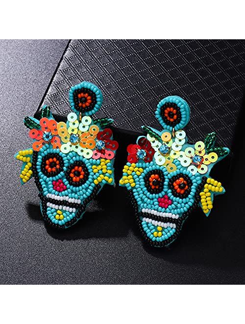 Boderier Halloween Beaded Earrings Handmade Colorful Sequin Beaded Sugar Skull Drop Dangle Earrings Halloween Costume Party Jewelry