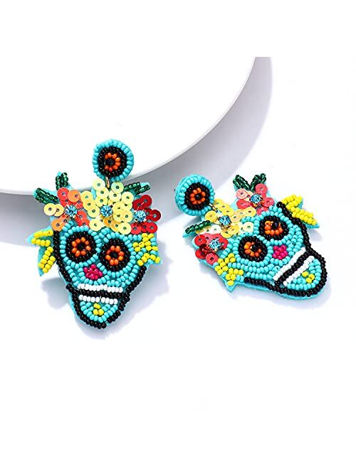 Boderier Halloween Beaded Earrings Handmade Colorful Sequin Beaded Sugar Skull Drop Dangle Earrings Halloween Costume Party Jewelry