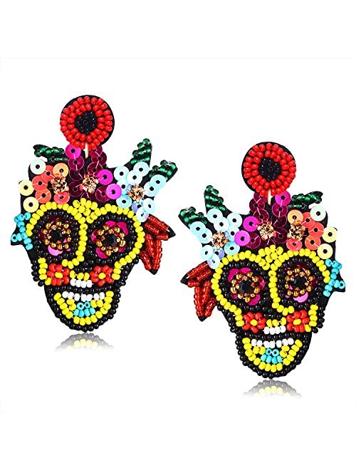 Boderier Halloween Beaded Earrings Handmade Colorful Sequin Beaded Sugar Skull Drop Dangle Earrings Halloween Costume Party Jewelry