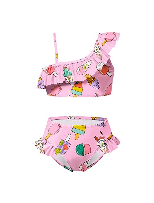 CHILDRENSTAR Girls One Shoulder Swimsuits Kids Two Piece Bathing Suits Beach Pool Swimwear