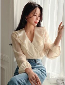 Ruffle Trim Lantern Sleeve Blouse