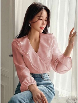 Ruffle Trim Lantern Sleeve Blouse