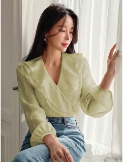 Ruffle Trim Lantern Sleeve Blouse