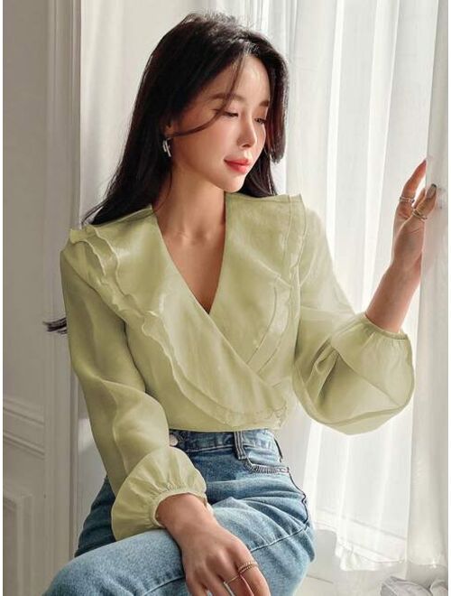 DAZY Ruffle Trim Lantern Sleeve Blouse