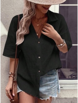 Solid Drop Shoulder Button Front Shirt