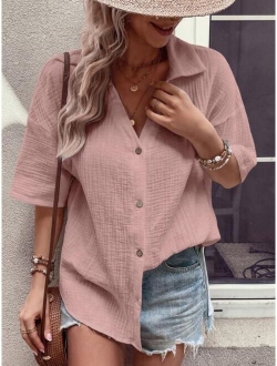 Solid Drop Shoulder Button Front Shirt