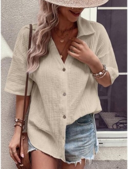 Solid Drop Shoulder Button Front Shirt