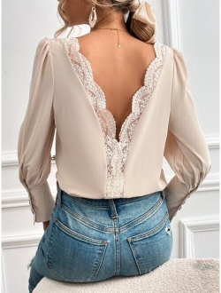 Frenchy Guipure Lace Insert Gigot Sleeve Blouse