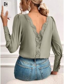 Frenchy Guipure Lace Insert Gigot Sleeve Blouse