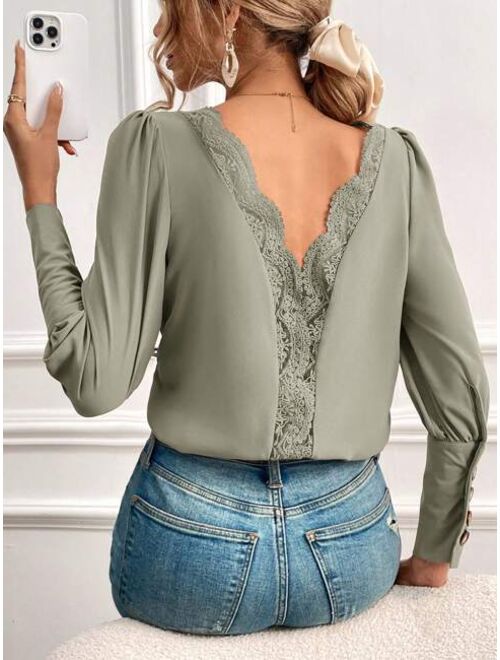 SHEIN Frenchy Guipure Lace Insert Gigot Sleeve Blouse