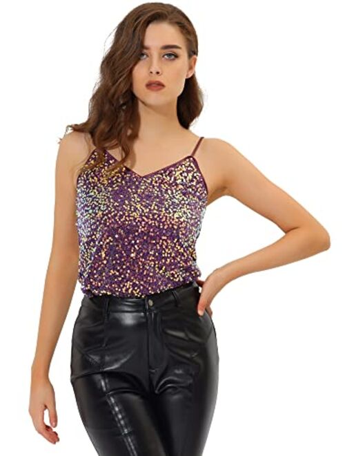 Allegra K Women's Sequined Shining Camisole Club Party Glitter Disco Sparkle Cami Top