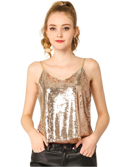 Allegra K Women's Sequined Shining Camisole Club Party Glitter Disco Sparkle Cami Top