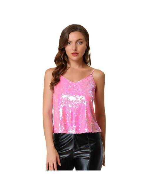 Allegra K Women's Sequined Shining Camisole Club Party Glitter Disco Sparkle Cami Top