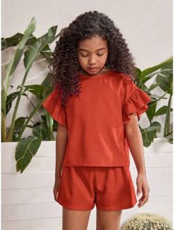 Girls Ruffle Trim Flounce Sleeve Top & Shorts