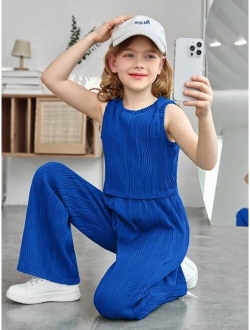 Girls Solid Tank Top & Wide Leg Pants