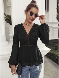 Plant Embroidery Guipure Lace Insert Lantern Sleeve Peplum Blouse