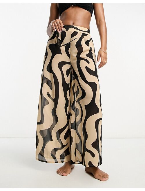 New Look marble print beach pants in black pattern