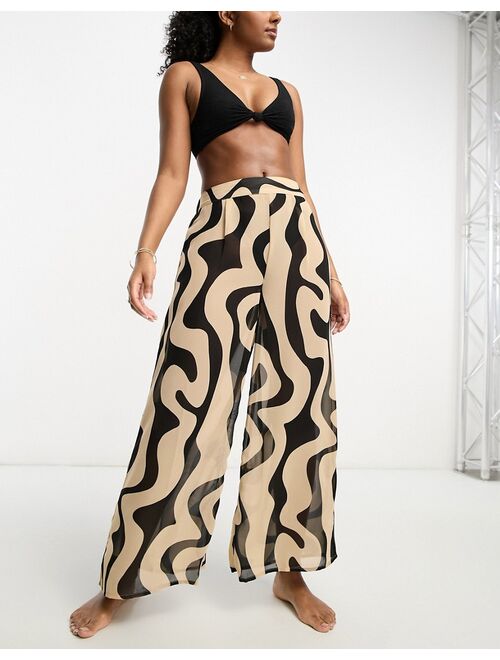 New Look marble print beach pants in black pattern