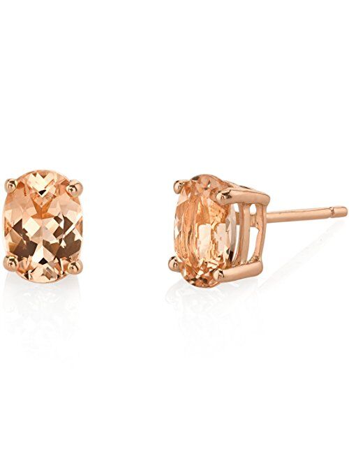 Peora Morganite Earrings for Women in 14 Karat Rose Gold, Classic Solitaire Studs, 7x5mm Oval Shape, 1.50 Carats total, Friction Back