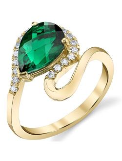 Created Emerald Teardrop Swirl Ring for Women 14K Yellow Gold, 1.75 Carats Pear Shape 10x7mm, Sizes 5 to 9