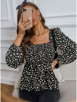 Dalmatian Print Square Neck Shirred Peplum Blouse