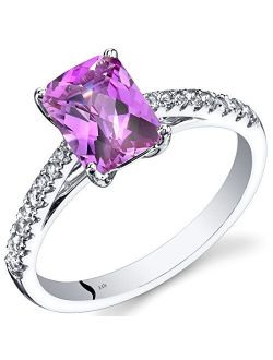 Created Pink Sapphire with Genuine White Topaz Venetian Solitaire Ring for Women 14K White Gold, 2 Carats Radiant Cut 8x6mm, Sizes 5 to 9