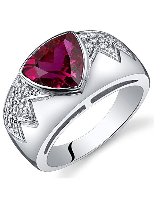 Peora Created Ruby Museum Ring Sterling Silver Rhodium Nickel Finish Trillion Cut 2.50 Carats Sizes 5 to 9