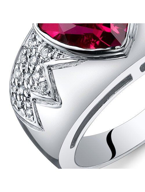 Peora Created Ruby Museum Ring Sterling Silver Rhodium Nickel Finish Trillion Cut 2.50 Carats Sizes 5 to 9