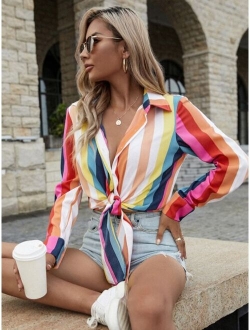 Striped Print Knot Hem Shirt