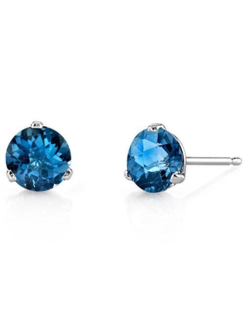 Peora London Blue Topaz Martini Solitaire Stud Earrings for Women 14K White Gold, Hypoallergenic 2 Carats total, Round Shape 6mm, AAA Grade, December Birthstone, Friction