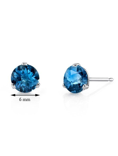 Peora London Blue Topaz Martini Solitaire Stud Earrings for Women 14K White Gold, Hypoallergenic 2 Carats total, Round Shape 6mm, AAA Grade, December Birthstone, Friction