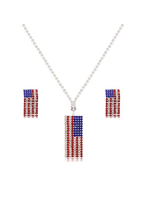 ZOLEAROPY American Flag Necklace Earrings Set Charm Rhinestone USA Flag Pendnat Neckalce Stars Stripes Stud Earrings For Woman Girls