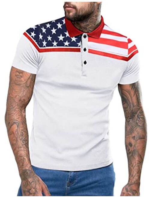 COOFANDY Men's American Flag Polo Shirt Floral Print Short Sleeve Polo T-Shirts