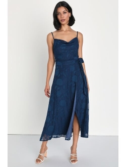 Love is Life Navy Blue Floral Print Satin Wrap Dress