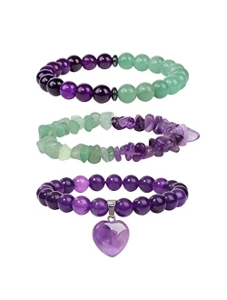 Vinswet Healing Crystal Beaded Bracelets for Women,Natural Amethyst Moonstone Gemstones Bracelet,Anxiety Stress Relief Heart Charm Bracelet Handmade purple Jewelry Gifts 