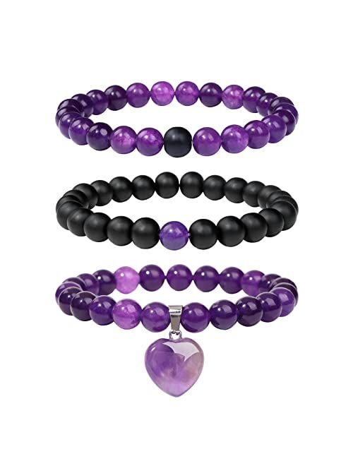 Vinswet Healing Crystal Beaded Bracelets for Women,Natural Amethyst Moonstone Gemstones Bracelet,Anxiety Stress Relief Heart Charm Bracelet Handmade purple Jewelry Gifts 