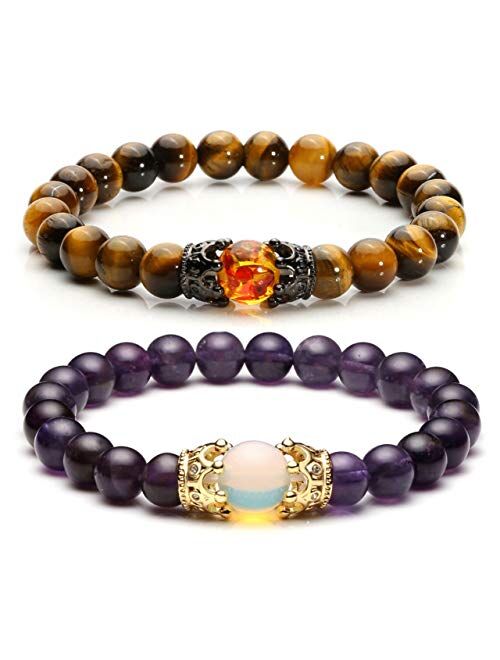 Jovivi King&Queen Crown Distance Couple Bracelets for Men Women 8mm Natural Stone Healing Energy Beads Stretch Bracelet