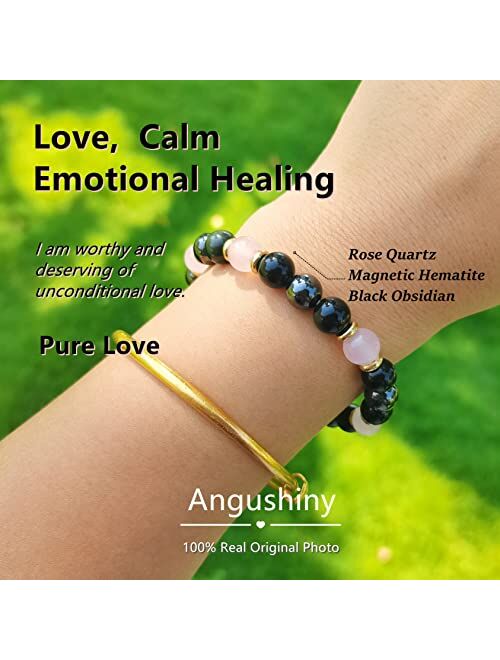 Angushiny,Tiger Eye,Rose Quartz,Amethyst,Carnelian,Green Aventurine,Hematite,Citrine Crystal Bracelet for Protection,Anti Anxiety Healing Bracelets,Feng Shui Black Obsidi